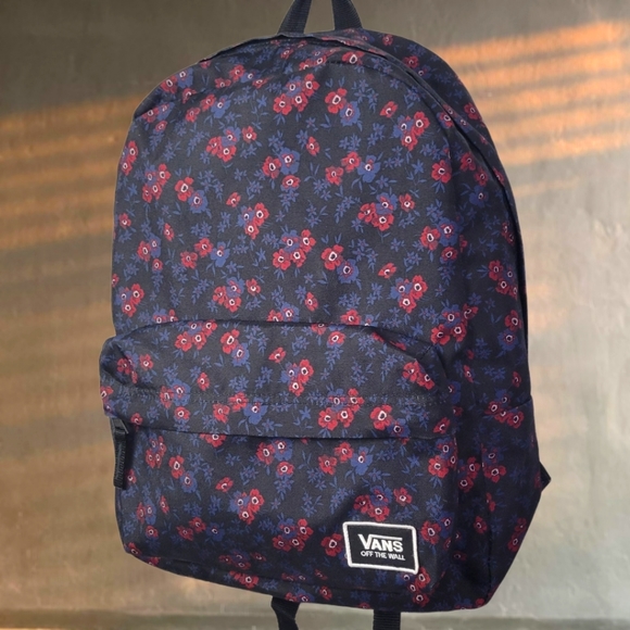 VANS Backpack EUC Blue/Red Floral Print On Black - Picture 1 of 6